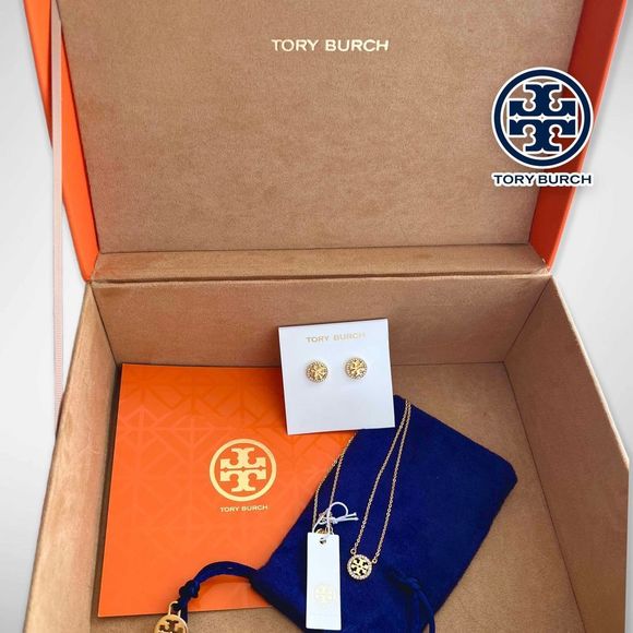 NWT Tory Burch Miller Pavé Logo Set - 18k Gold Plated Necklace & Earrings $196 - Picture 10 of 12